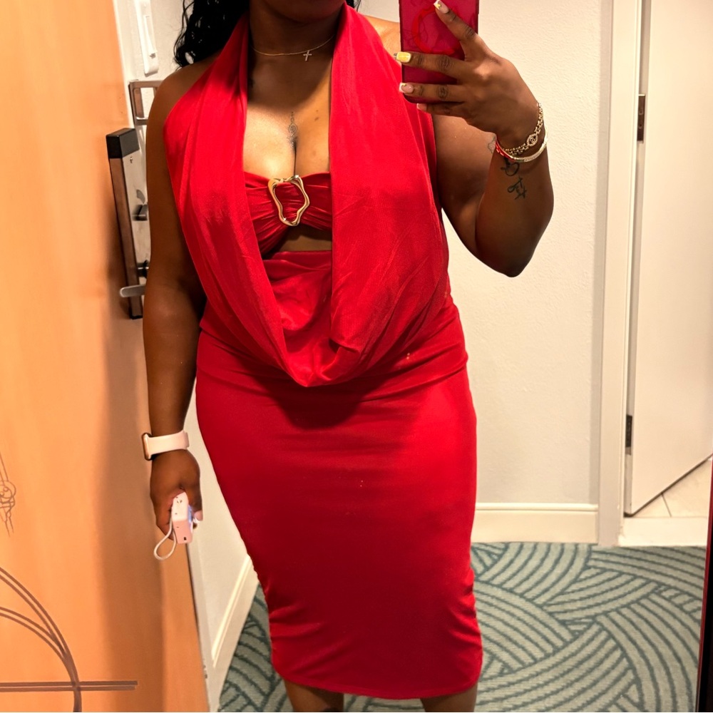 Red Halter Cowl Neck Dress